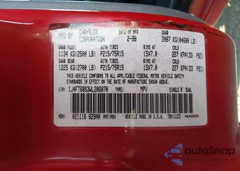 1998 Jeep Cherokee Classic/Sport z USA, uszkodzony, nr VIN 1J4FT68S3WL206070